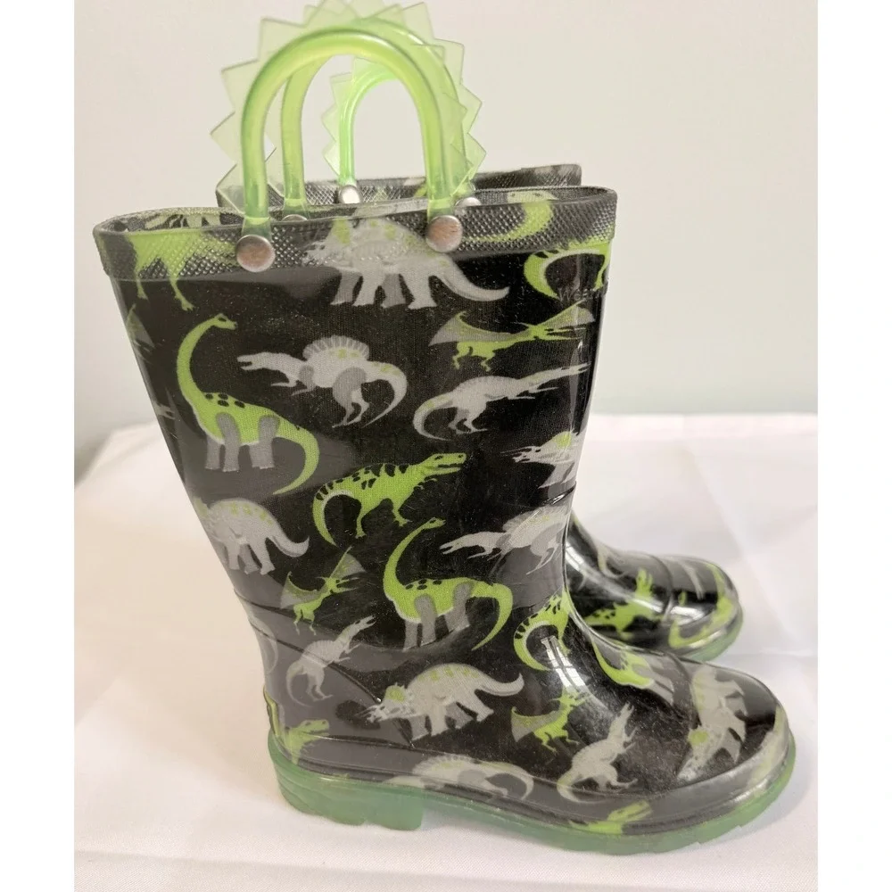Western Chief Boys Rain Boots Size 11 Black Dinosaur Print Waterproof Pull On